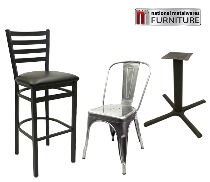 Two chairs and a table stand from National Metalwares Furniture.