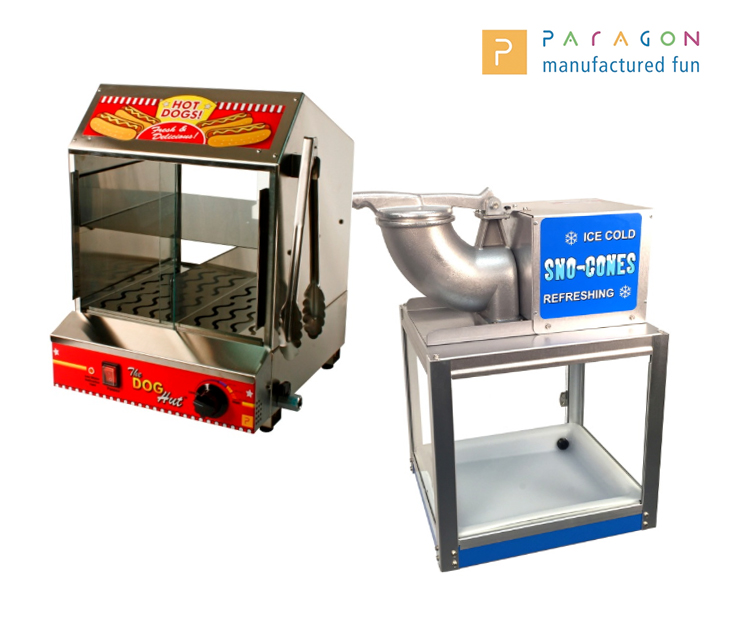 A hot dog display and sno-cone machine from Paragon.